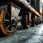 Gros plan sur les roues d'un chariot industriel dans une allée d'entrepôt, métal et caoutchouc usés, sol en béton et palettes floues en arrière-plan, lumière chaude volumétrique traversant la poussière.