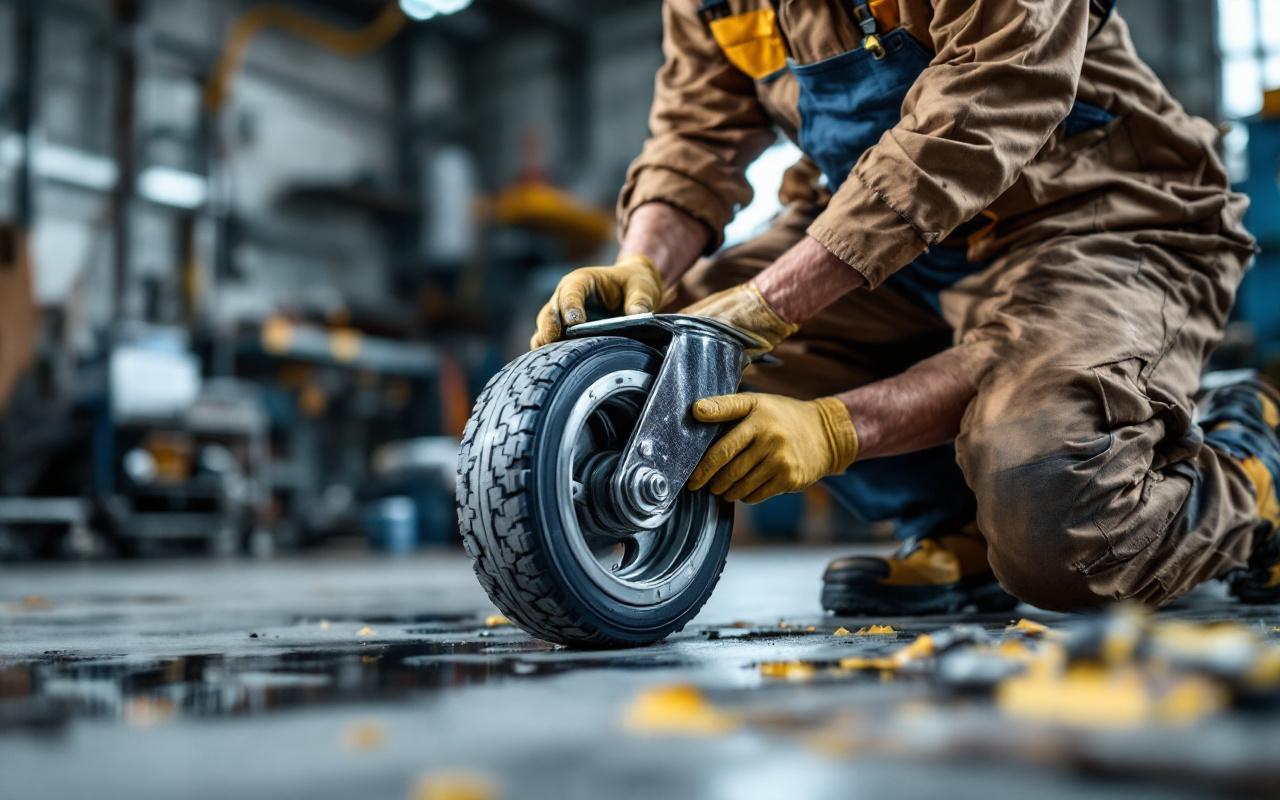 Technicien en tenue de travail vérifiant une roue pivotante industrielle sur un sol en béton, gros plan, caisse à outils à côté, lumière volumétrique douce, tons dominants gris, jaune et bleu.
