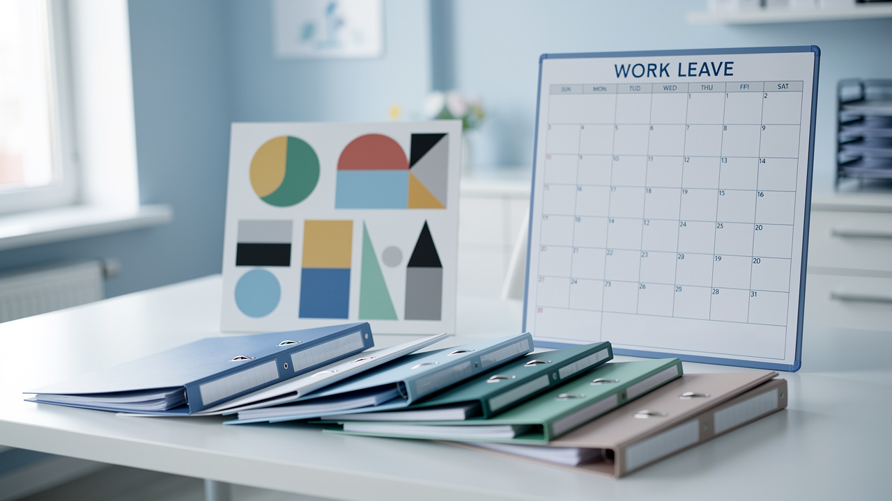 Bureau d’un cabinet médical présentant un tableau budgétaire abstrait, un calendrier vierge et des dossiers administratifs organisés dans une ambiance professionnelle.