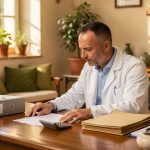 Médecin généraliste dans un cabinet lumineux de Provence, examinant des documents financiers vierges sur un bureau professionnel.