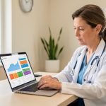 Médecin femme dans un cabinet lumineux consultant sur un ordinateur portable un tableau financier représenté par des graphiques abstraits.
