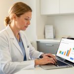 Une femme médecin en blouse blanche consulte un ordinateur portable affichant un tableau de trésorerie abstrait dans un cabinet médical lumineux.