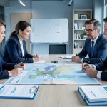 Réunion de direction réunissant deux femmes et deux hommes autour d’une table, devant une carte européenne sans annotations, des graphiques vierges et des dossiers d’export dans un bureau industriel moderne.