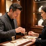 Dans une bijouterie élégante, un artisan examine des bijoux et conseille une cliente sous une lumière chaleureuse.