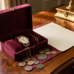 Écrin ouvert présentant une montre, des bijoux, des pièces anciennes et des documents vierges sur un bureau élégant baigné de lumière naturelle.