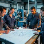 Une équipe composée de deux hommes et deux femmes examine un prototype entouré de plans techniques dans un atelier industriel moderne.