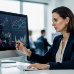 Dirigeante de PME analysant des graphiques abstraits sur un ordinateur dans un bureau lumineux et moderne.