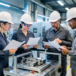 Équipe industrielle composée de deux femmes et deux hommes réunie autour d’un prototype et de documents techniques vierges dans une usine moderne.