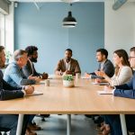 Réunion professionnelle de négociation sociale avec des représentants des ressources humaines et des salariés réunis autour d’une table dans un environnement industriel lumineux.